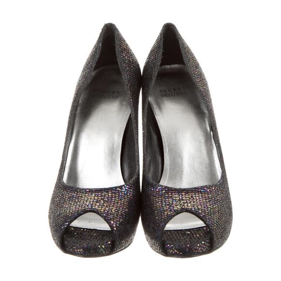 Stuart Weitzman Evebaton Glitter Peep-Toe Pumps - 7.5 - Black - Picture 3 of 5